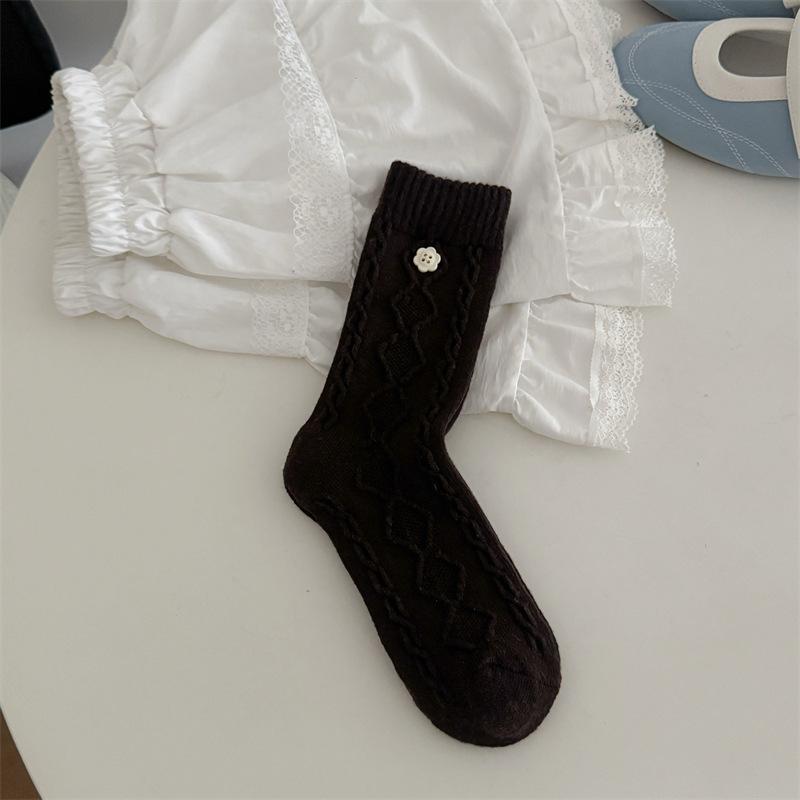 Female Autumn and Winter Thickened Warm Solid Color Button Sweet Hemp Pattern Wool Tube Pile Socks