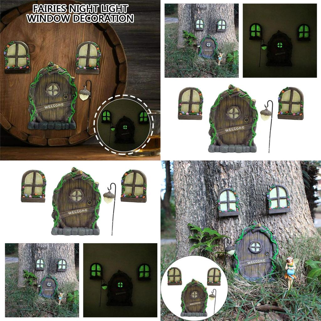 Fairy Miniature 4pcs Tree Door Window Door Glow Gnome Elf Home Sculpture Statues