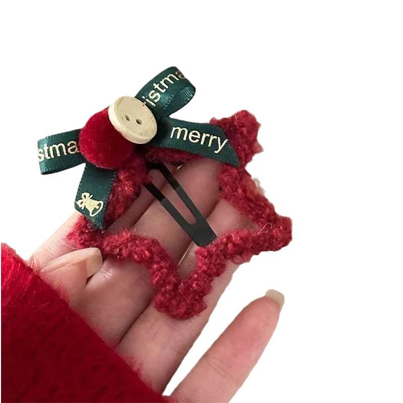 New Year Red Star Plush Hair Clip Bow Hairpin for Christmas