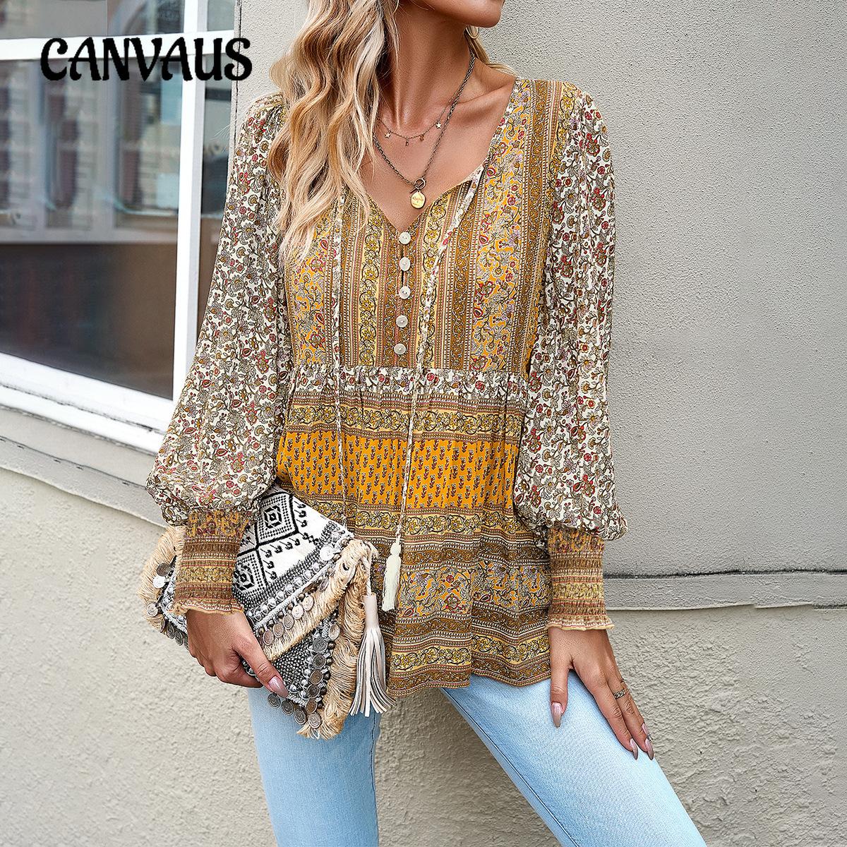 

Весенне-осенняя женская блузка-рубашка с v-образным вырезом и принтом, повседневные топы с длинными рукавами