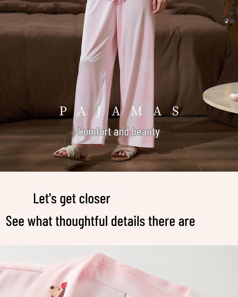 Women's Thin Ice Silk Pajamas - Spring/Autumn, Long Sleeve, Classy, Versatile for Home or Outdoor Wear, Includes Adorable Puppy Pattern.