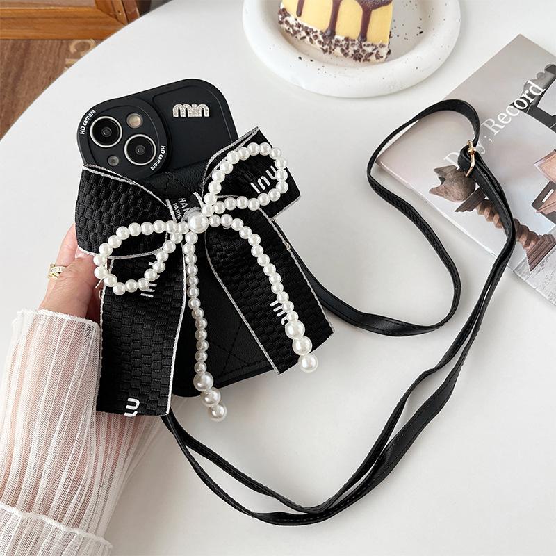 Pearl Bow Zero Wallet Card Case for IPhone 16 Promax Crossbody Strap for Apple 17 Anti Drop