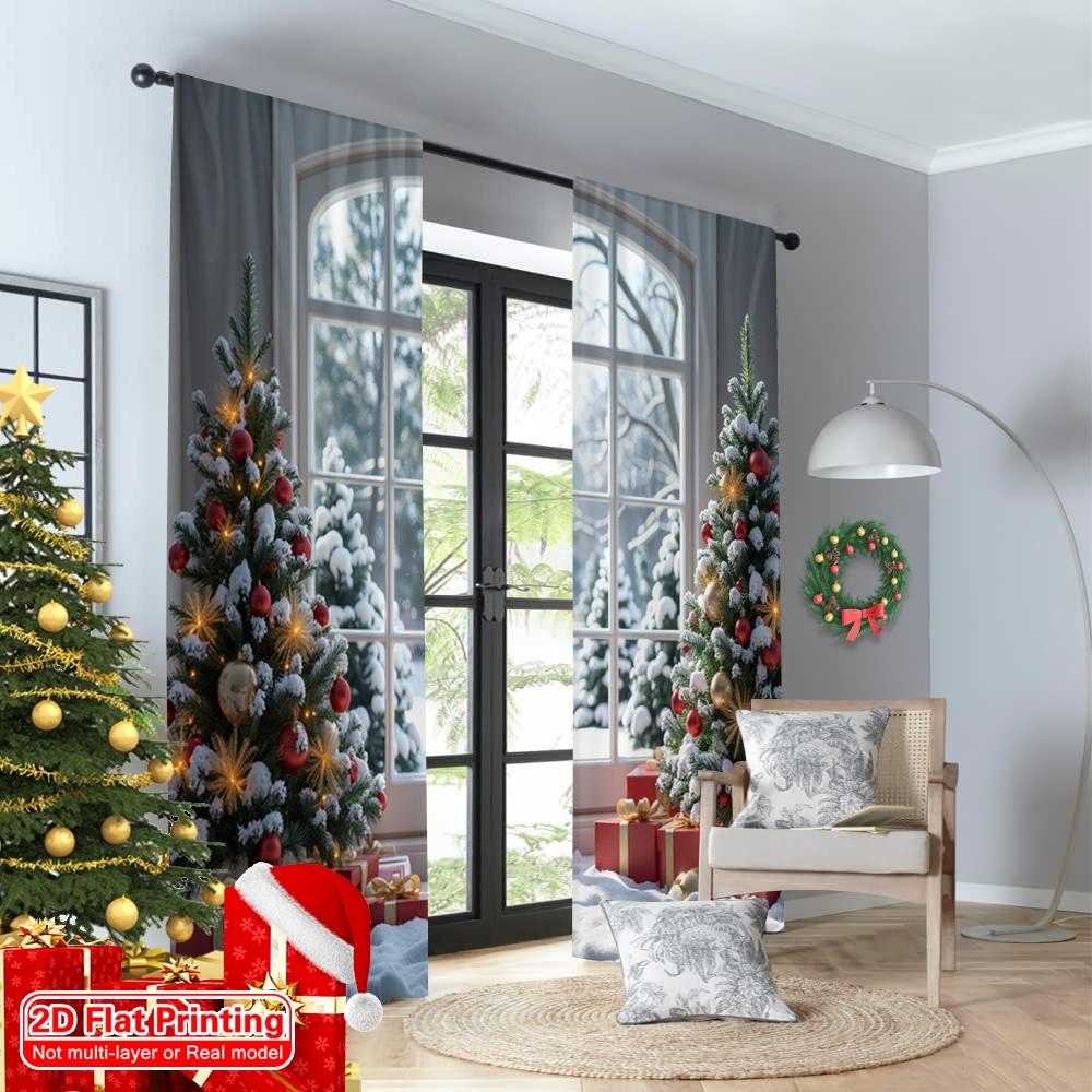 2pcs 2D Flat Printing Merry Christmas Drapes Winter Christmas Tree Snow Holiday Polyester Without Electricity Family Party for