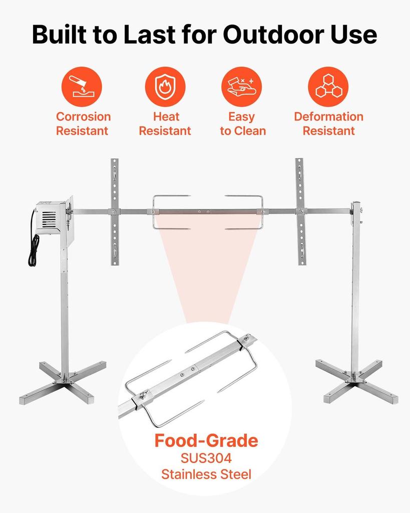 Gril à rôtissoire, AC220-240V Kit de gril à rôtissoire électrique à 8 niveaux de hauteur, Kit de rôtissoires pour grils BBQ avec capacité de charge de 88 lbs, Moteur 38W, Acier inoxydable