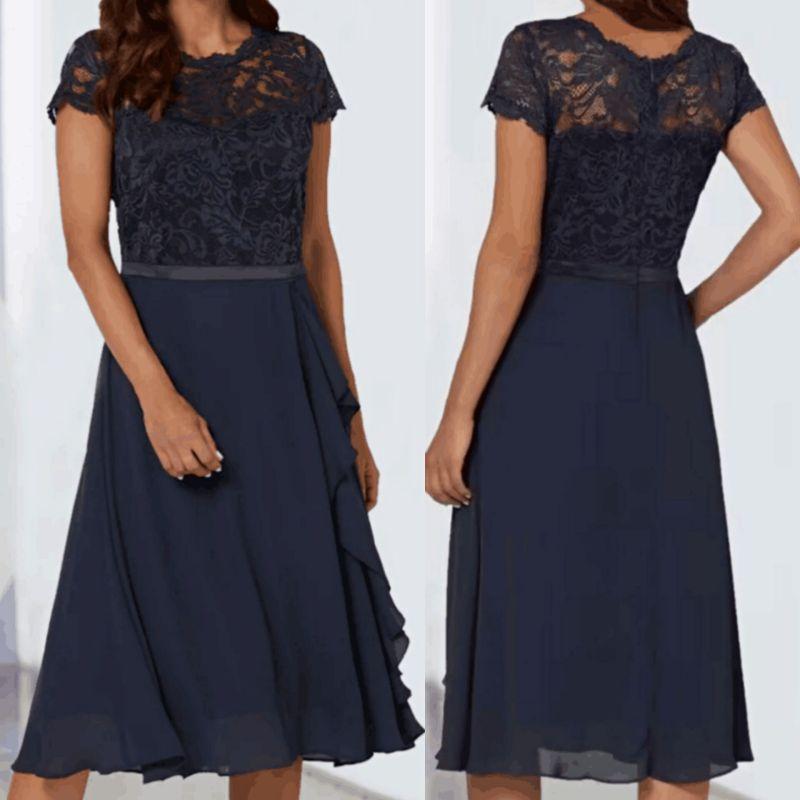 Summer New Round Neck Solid Color Short Sleeve Dress Elegant Lace Chiffon Dress
