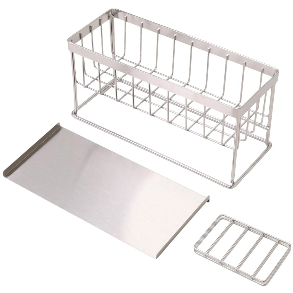 SUGGEST Sponge Rack with Water Flowing Diagonal Tray Stainless Steel with Dividers Sponge Holder Sponge Rack Detergent Rack Sponge Holder Kitchen Sink