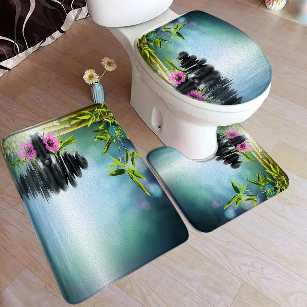 Zen Green Bamboo Bath Mat Set Natural Orchid Flower Black Stone Plant Home Carpet Bathroom Decorative Floor Rug Toilet Lid Cover
