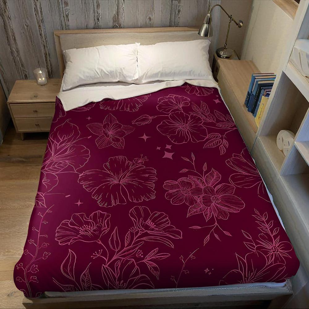 Couverture en Flanelle Étoiles Florales Bordeaux Chaude Douce Halloween Noël Canapé Chaleureux Confortable Décoratif Cadeau pour Toutes les Saisons