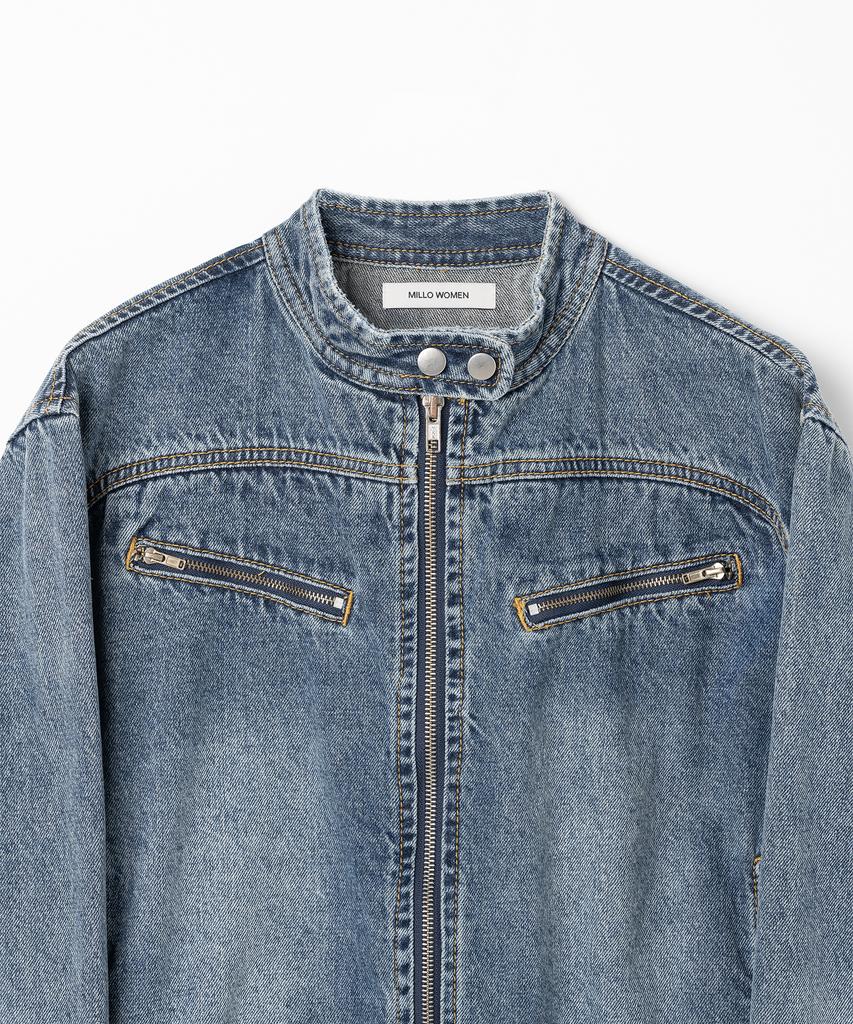 Millo Women Washed Denim Racing Jacket [Vintage Blue]