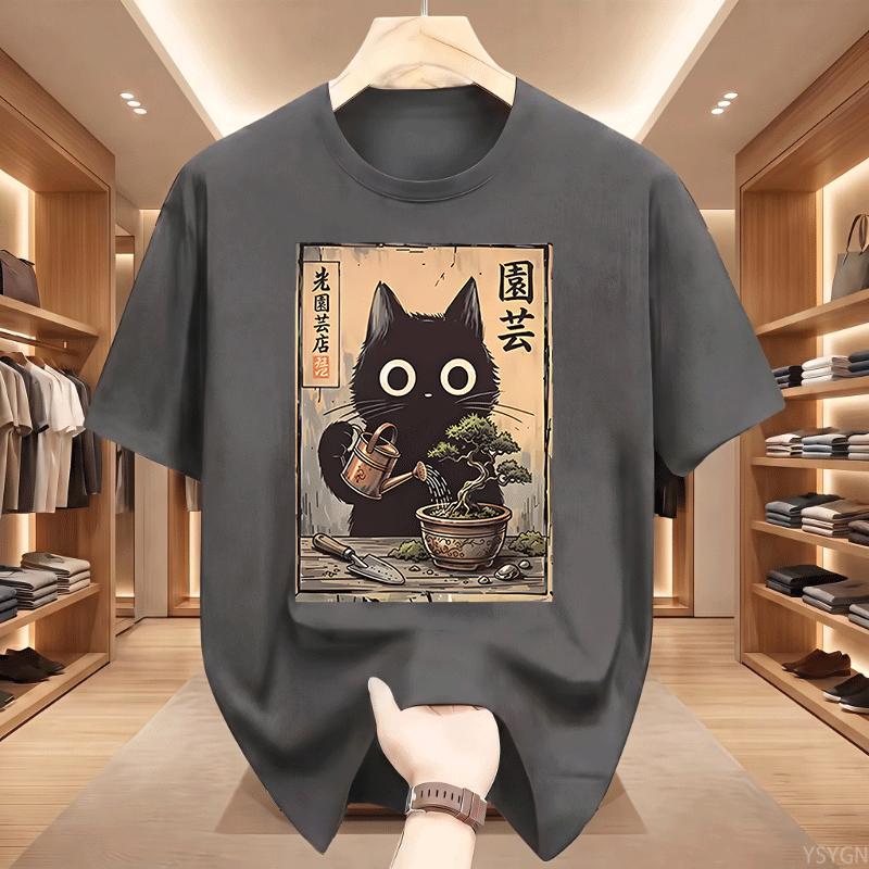 Bonsai Black Cat Tshirt Japanese Style Tee Casual Cotton Short Sleeve Gardening Cat Tees Unisex Unisex Funny Cat Lover Tshirt