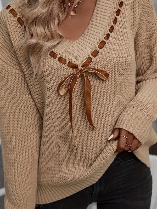 Yangyang Women's V-neck Bow Tie Lace-up Sweater - Autumn/Winter European & American Style Pullover.