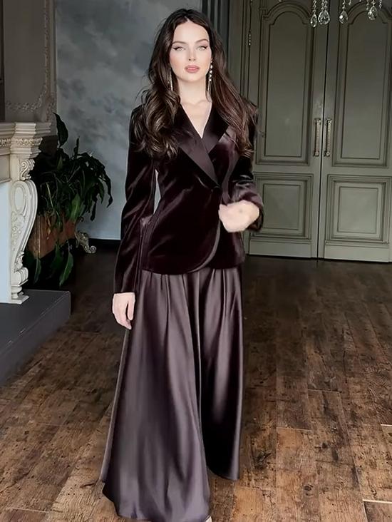 2025 Autumn European & American Elegant Solid Color Top and Skirt Set