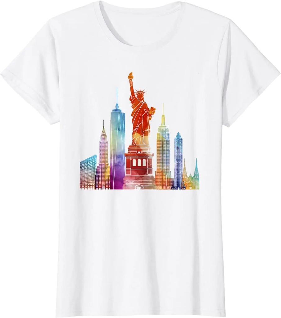 New York City Watercolour Statue of Liberty Unisex Women T-Shirt Streetwear Cotton Casual Daily Four Seasons Tees Oversized T Shirt