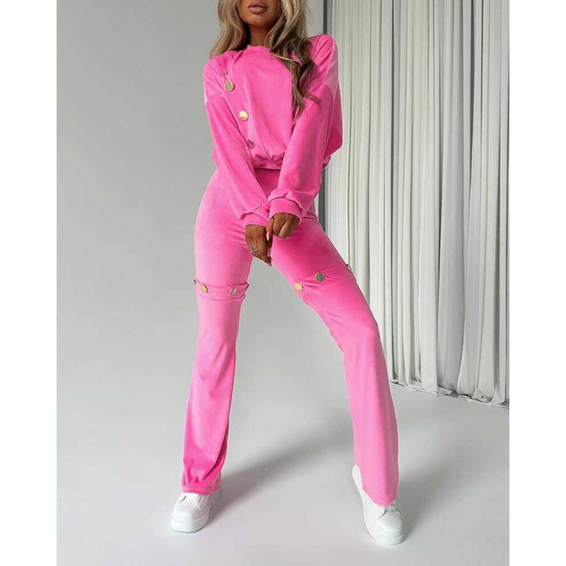 

Casual Hoodie Set Autumn Casual Hoodie Set High Waist Metal Buckle Tight Trumpet pants Women clothes Rose Red XL