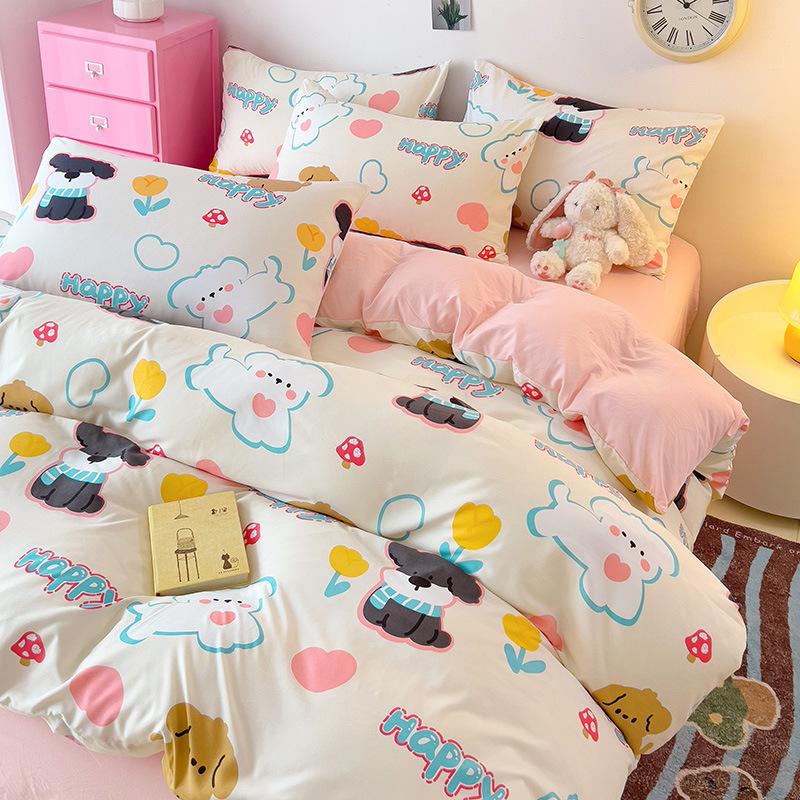 Small Fresh Mattress Quilt Cover Class A Maternal And Infant Grade Cartoon Dormitory Bed Sheet Three-Piece Set Super Soft Washed Cotton 4Pcs Set