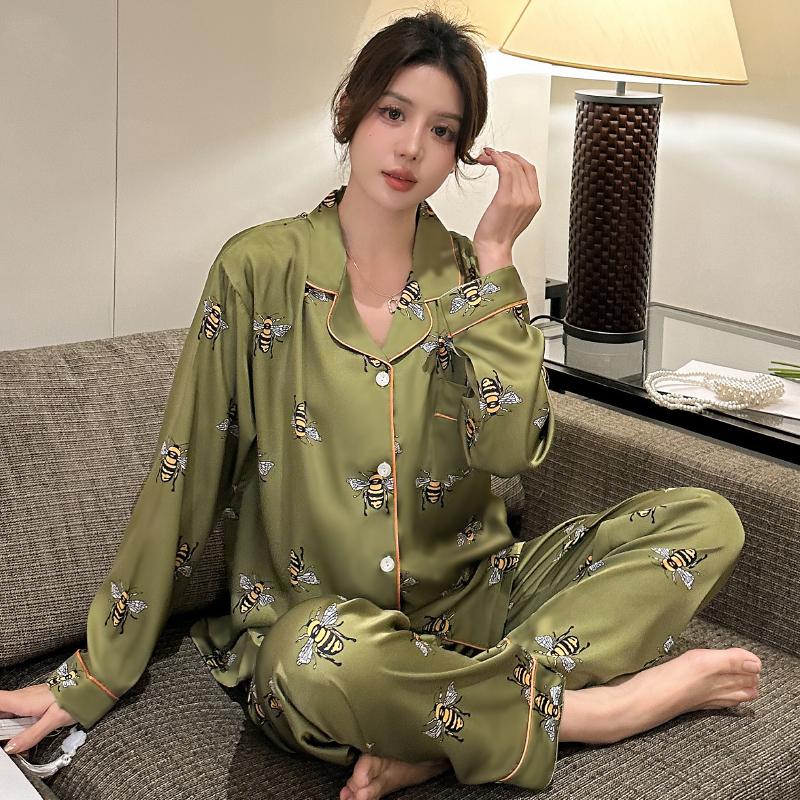 Pyjama Set met Luipaardprint voor Dames Idyllische Stijl Lange Mouw Broek Vrouw Lounge Herfst Winter Cartoon Nachtkleding