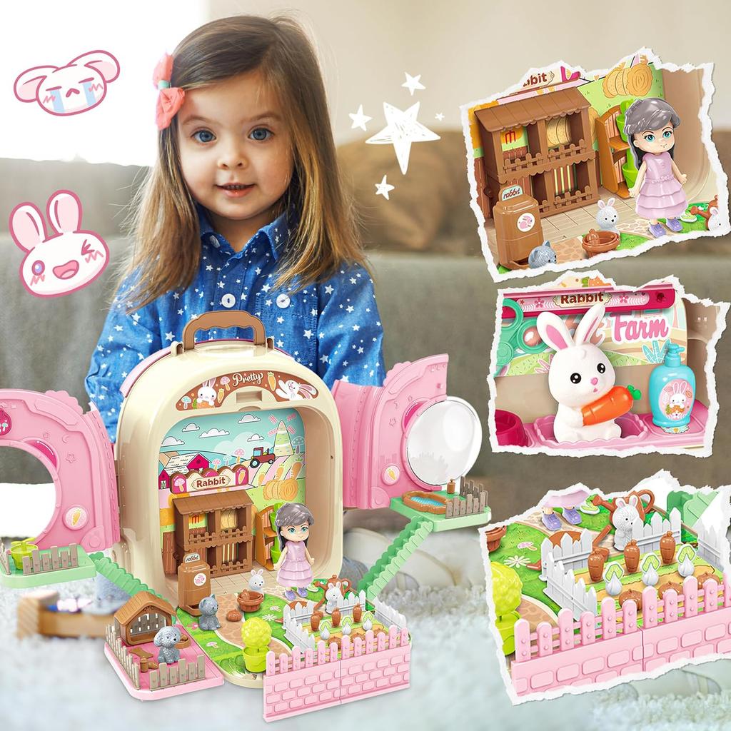 Pet Carrier Backpack 3-in-1 Pet Care Playset, Pretend Play Rabbit Toy Set with Hair Dryer & Accessories for Girls Ages 3+ Easter