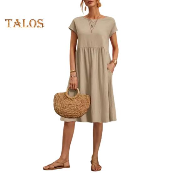 

Летнее женское платье с круглым вырезом А-силуэта, плиссированные с короткими рукавами, чистый цвет, длиной до колена, свободный подол, боковые карманы, повседневное повседневное пляжное мини-платье для отпуска L хаки
