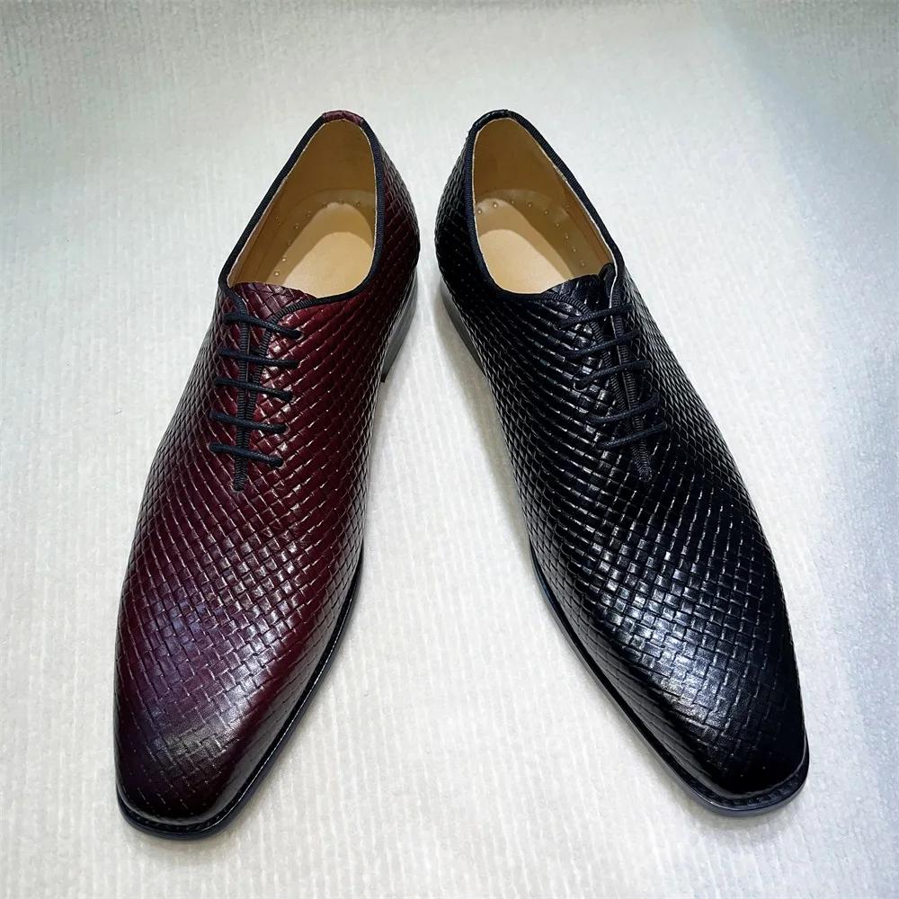 Fashion Elegant Handmade Cowhide Dress Shoes for Men Lace-Up Pointed Toe Plaid Red Breathable Leather High-Quality Sizes 39-46