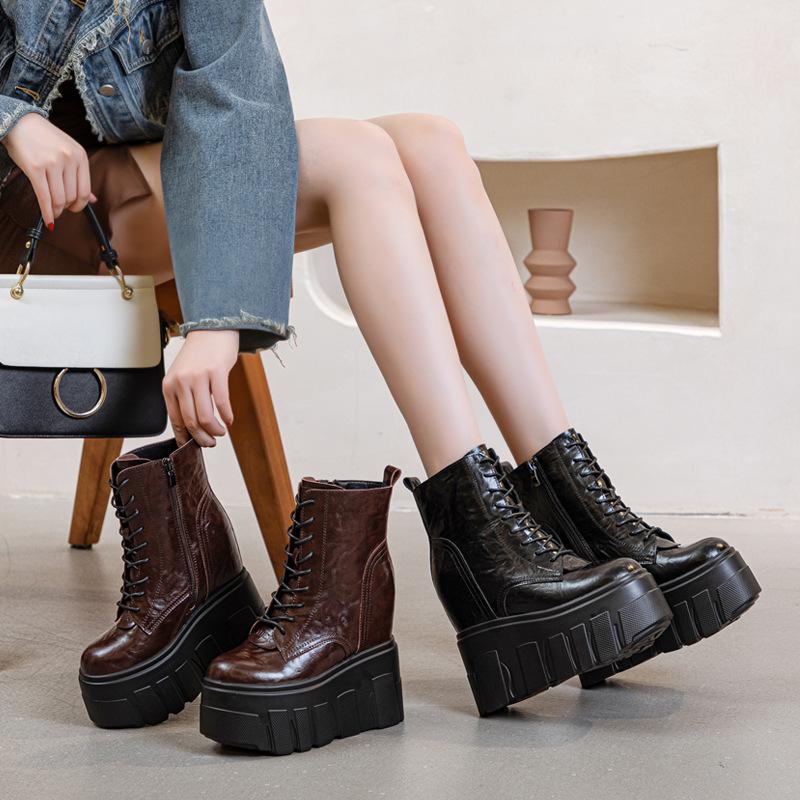 Fashion New 14CM Cow Genuine Leather Autumn Winter Plush Warm Platform Wedge Hidden Heel Sneakers Chunky Super High Heels Women Shoes