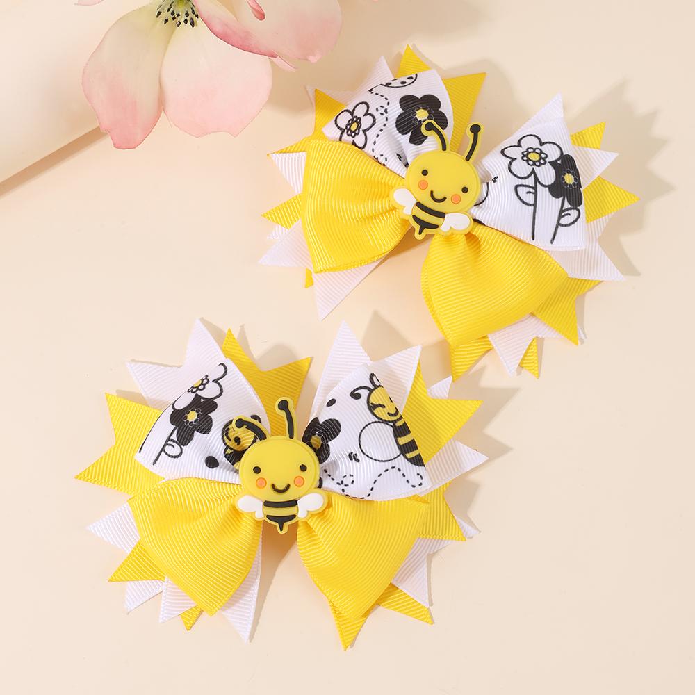 2Pcs Cartoon Bee Bow Hair Clips For Girls Cute Flower Print Color-Blocking Ribbon Hairpins Kids School Daily Trendy Accessories