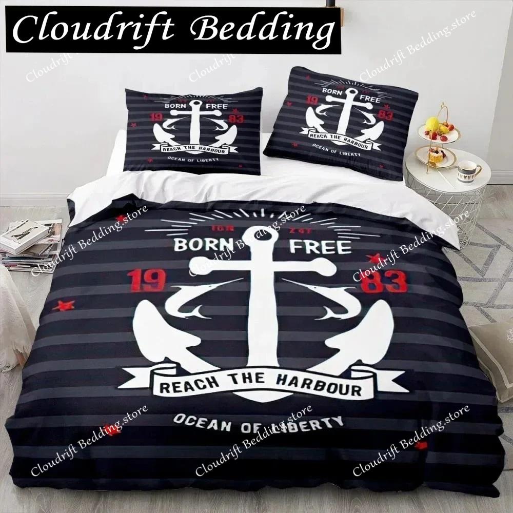 Anchor Duvet Cover Set,Nautical Classic Colors And Anchors Simplistic Design Sailor Ship Polyester Fashion Bedding Set