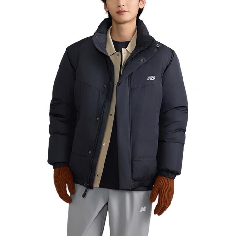 New Balance Solid Color Comfortable Loose Fit Stand Collar Fleece Lined Long Sleeved Down Jacket Unisex Black AMJ43361-BK