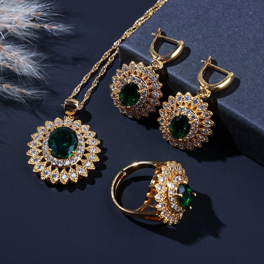 New Green Zirconia  Gold Plated Wedding  Jewelry Sets For Women Flower Style Earrings Necklace Adjustable Ring Bracelet