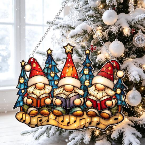 Xmas Tree Door Decorations Fairy & Gnome Christmas Acrylic Suncatcher, 2D Fantasy Elf Dwarf Window Hanging Unique Baubles Decor with Stained