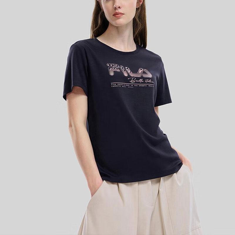 Fila Emerald Casual Logo Print Crew Neck Fitted Straight Comfortable Short Sleeve T-Shirt Women T-Shirts Legendary-Blue F11W334102FNV