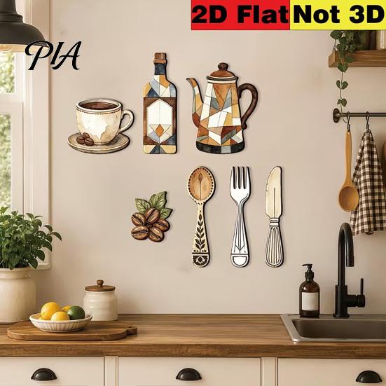 Removable Wall Decals 7Pcs Farmhouse Coffee Themed Wooden Decor, 2D Flat Kitchen Art Rustic Decor Plaques, Retro Ornaments for Home Dining Room