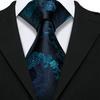 Pearl Brooch with Silk Tie for Men Vintage Floral Teal Necktie Hanky Cufflinks Gift Formal Set