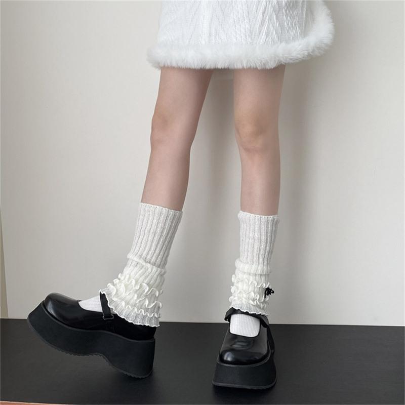 Ribbed Knit Boot Cuffs Footless Socks with Elegant Bows Designs for Women Layered Ruffle Edge Leg Warmers Streetwear