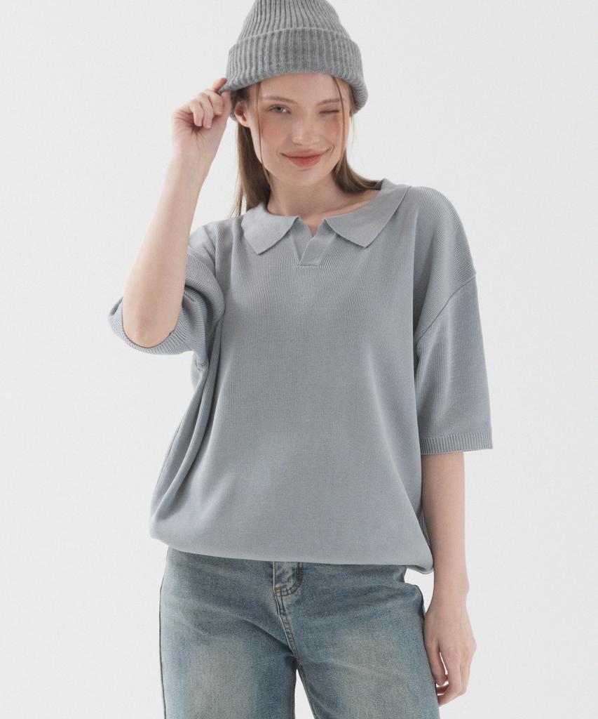 PIANER Classic Open Collar Short Sleeve Knit (Blue Gray)