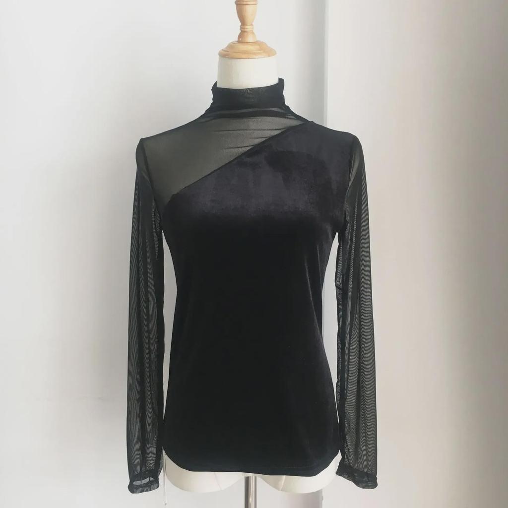 Koronkowy top z półwysokim dekoltem i złotym aksamitem, z siateczkowymi rękawami dla kobiet