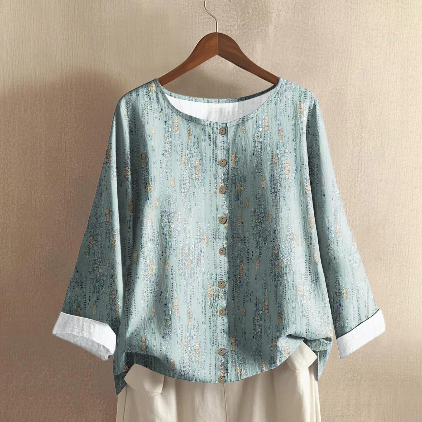 

Women s Casual Long-sleeved Round-neck Retro Gradient Printed Cotton And Linen Top S