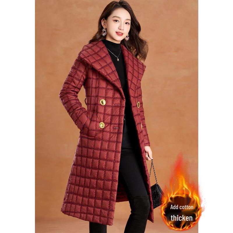 KABEIER Women's Red Waffle Lapel Padded Coat