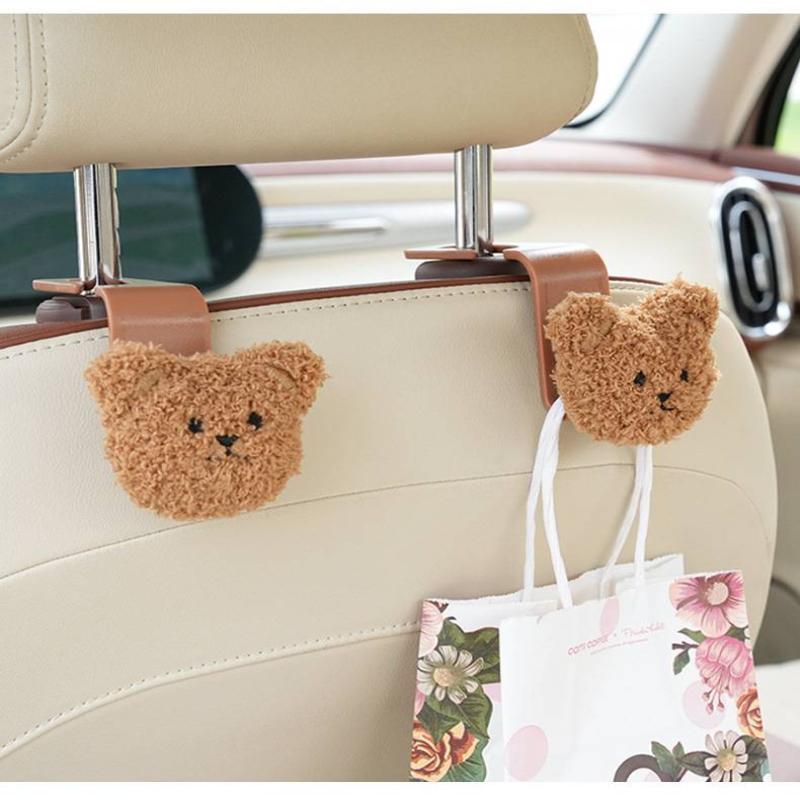Car Seat Back Hook Hanger with Cute Bear Decor Organizer Holder for Groceries Bags Kids Essentials Travel and Commute