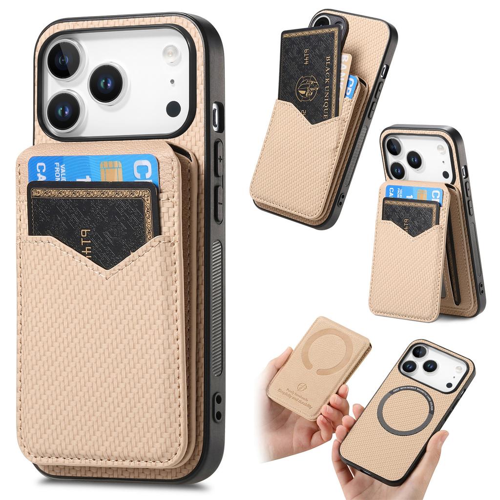 For iPhone 17 Pro Magnetic Case Carbon Fiber Texture Back Cover with Detachable Card Holder
