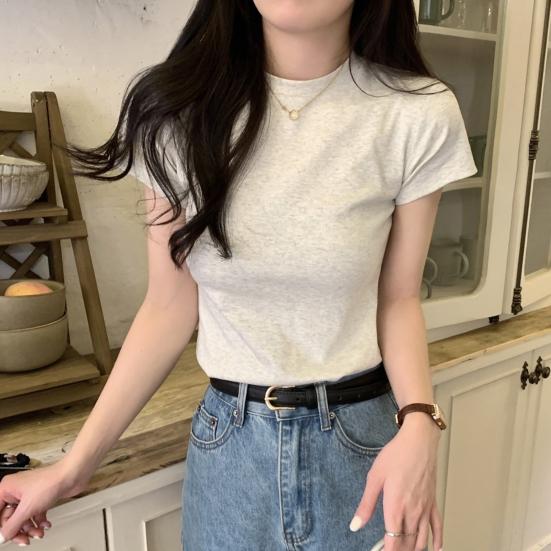 Women Slim Fit T-shirt O-neck Short Sleeve Pullover Tops Solid Color Stretchy Soft Tee Shirt Streetwear