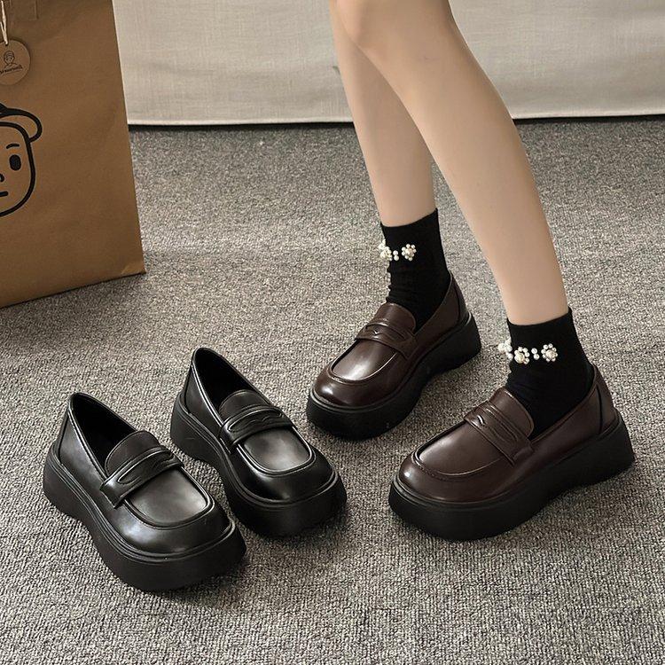 Platform loafers women's 2025 new autumn muffin versatile British style small leather shoes one pedal single shoes