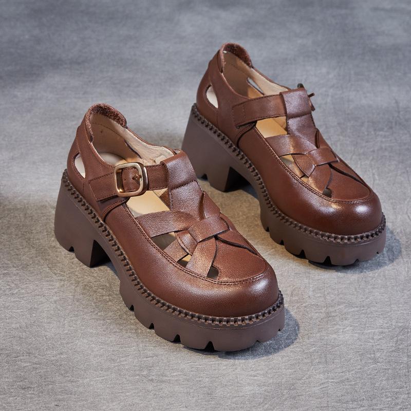 

Босоножки на платформе из коровьей кожи первого слоя, женские летние 2025, новые, дышащие, с полым верхом, в стиле ретро, на платформе, римские лоферы для женщин 40 коричневый