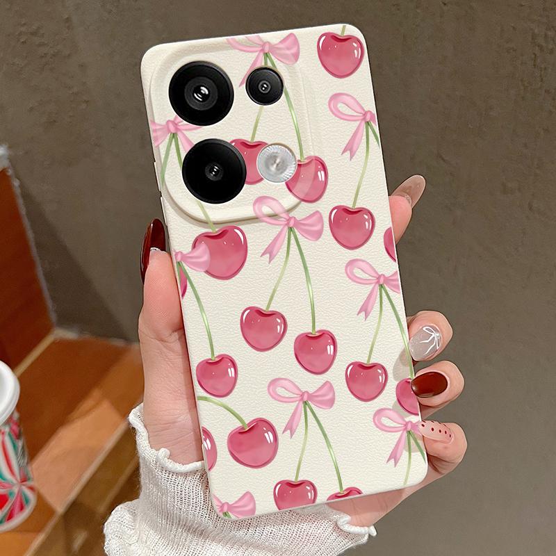 Crystal Cherry Fruits Bowknots Pattern Case For Xiaomi 14T 13T 11T Pro Funda Redmi Note 14 13 Pro 5G 12 11 Leather Texture Silicone Cover