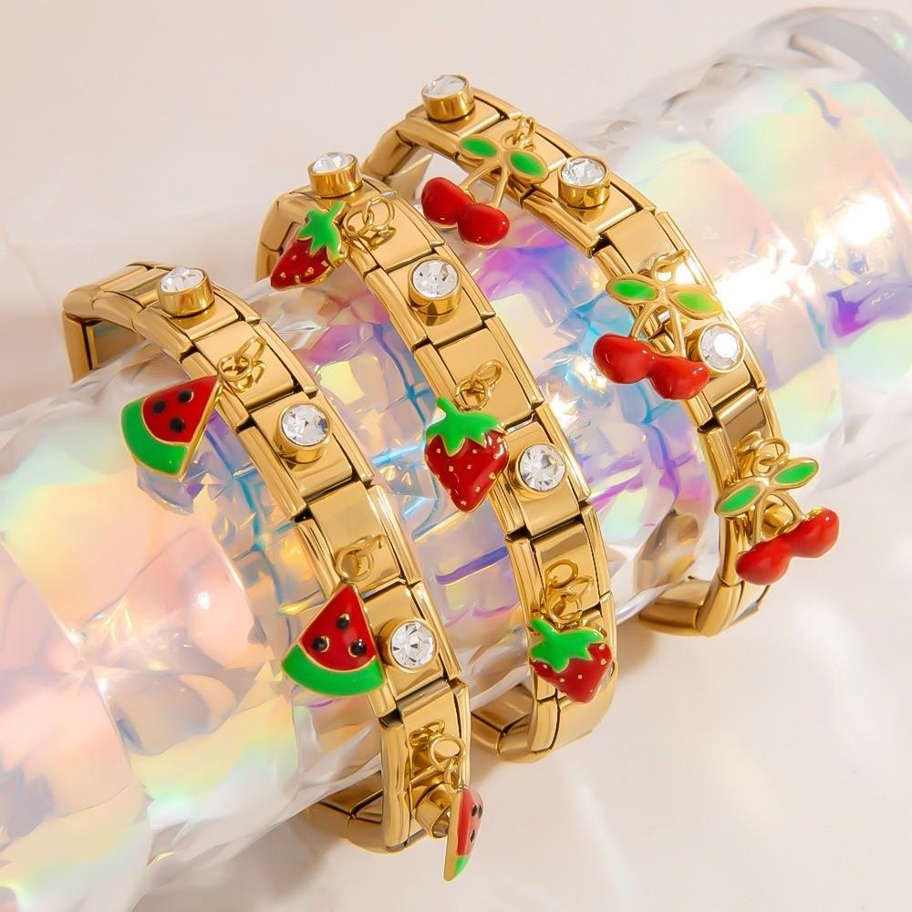 Watermelon Fruit Pendant Bangle Crystal Stainless Steel Bracelet Vacation