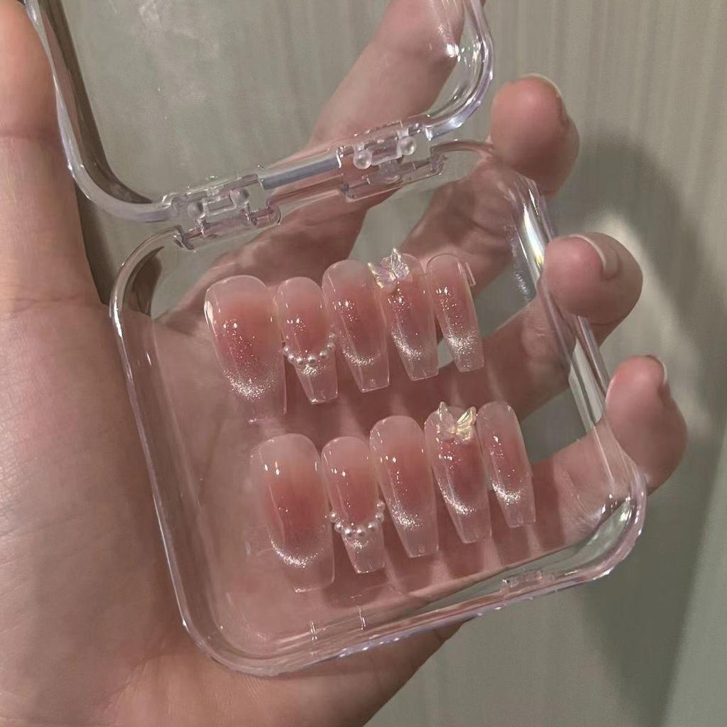 Blush French Cat Eye Princess Bow Nails - Handmade Wearable Nail Art