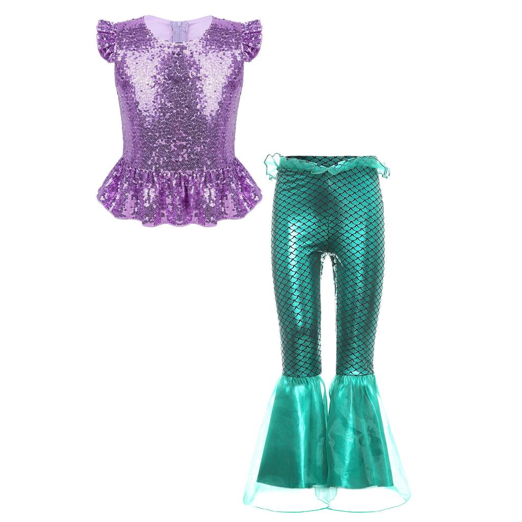 Girls 2 Pieces Mermaid Costume Sequins Short Sleeves Zipper Peplum Top Elastic Waist Ruffle Flared Pants Set