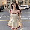 Elegant Retro French Square Neck Camisole Dress - Summer Color Block, Waist Cinched Short Skirt