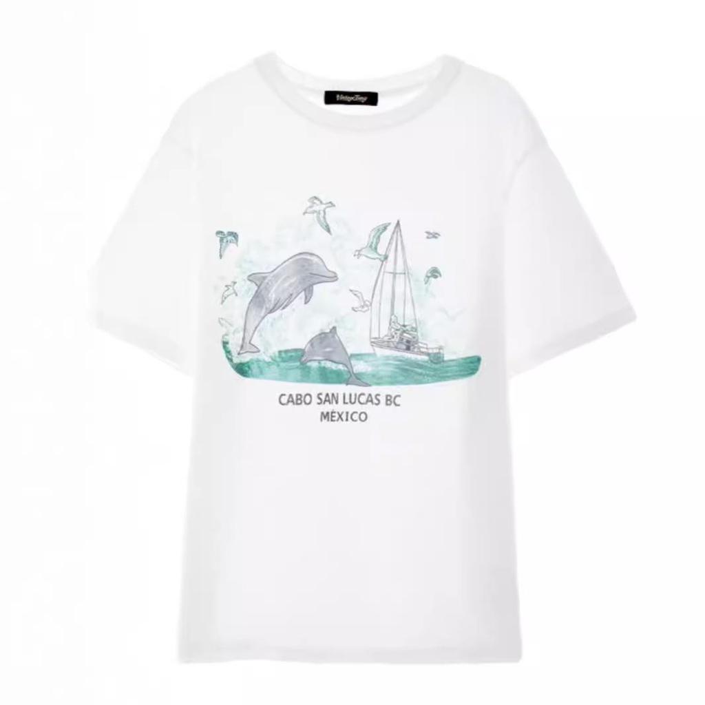 American Retro Dolphin Print Oversized Cotton T-shirt - Women's Trendy Straight Shoulder Short Sleeve