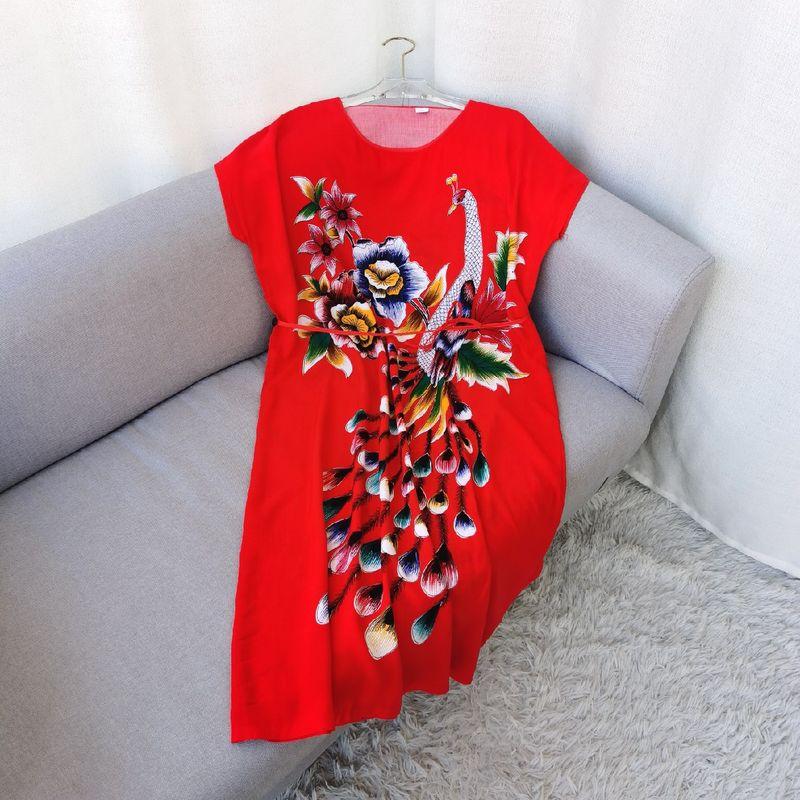 Multi-Color Silk Cotton Dress Home Wear Shoelace round Collar Skirt Special Treatment Rayon Nightdress for Women