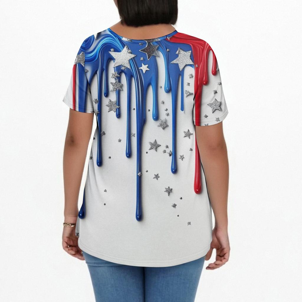 Women's Fashion Casual V-Neck Pullover Short Sleeve Large Size Independence Day Printed T-Shirt Top